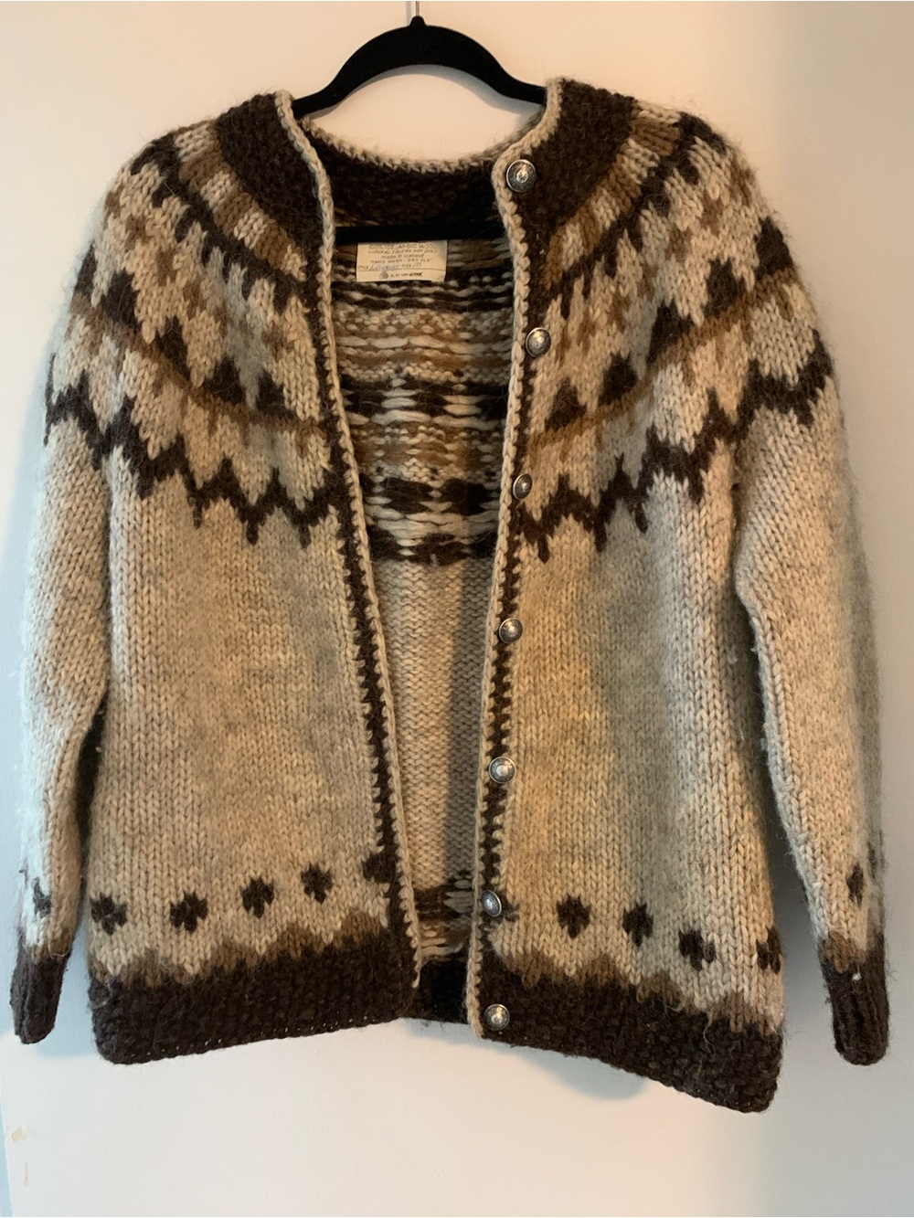 Vintage Cream and Brown Hand-Knit Fair Isle Cardigan